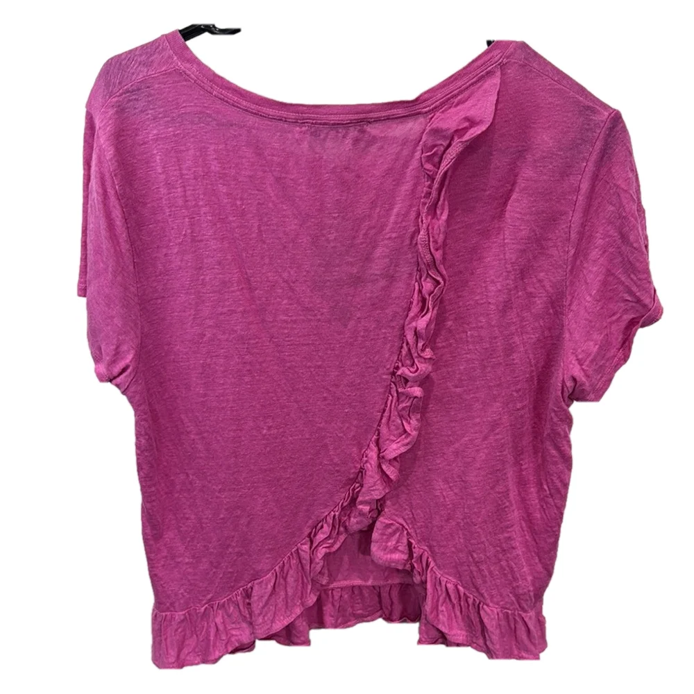 J. Crew Pink Fuchsia Short Sleeve Sweater‎ Ruffle Back Detail Women's Large